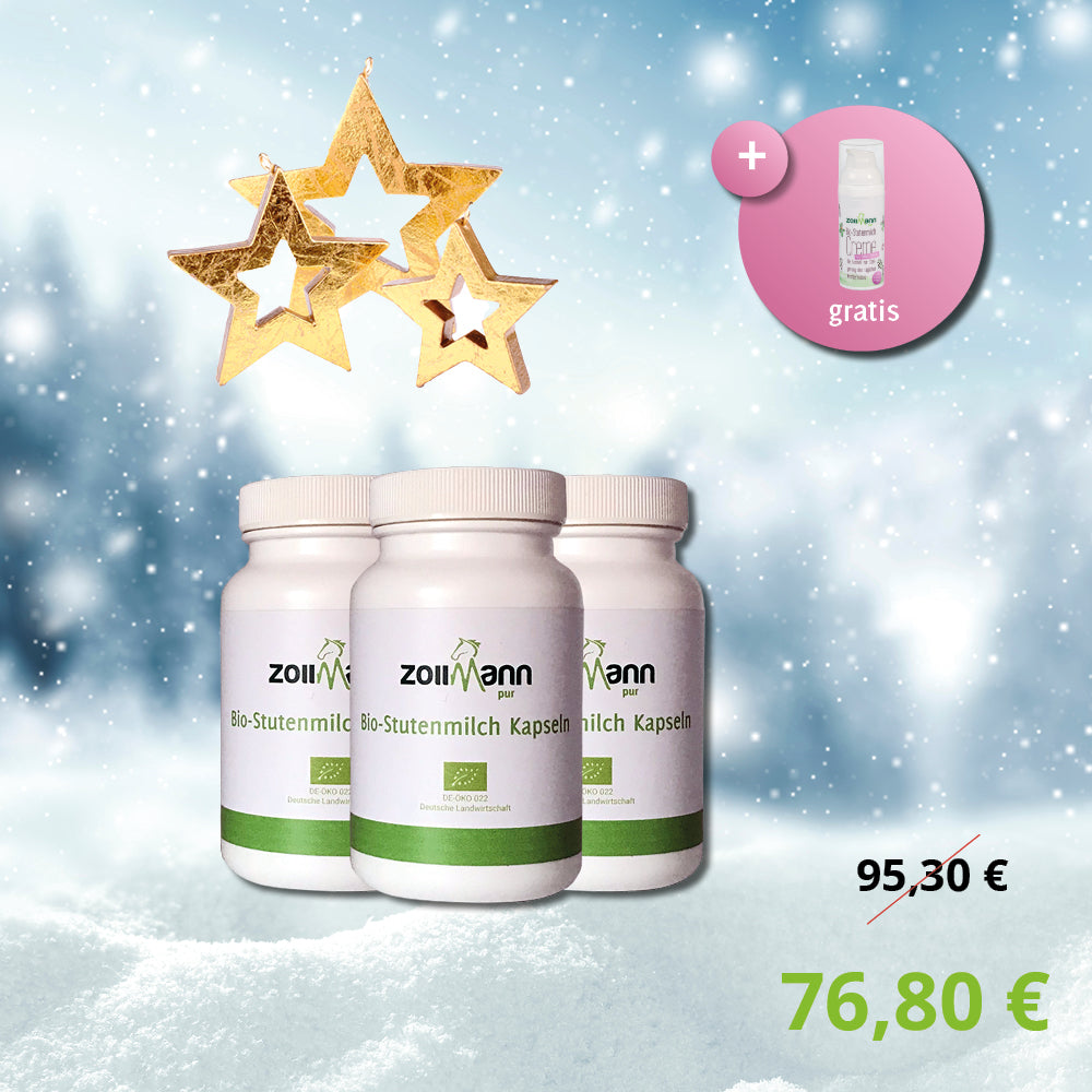 Winterangebot Bio-Stutenmilch Kapseln 3 Stück + 1 Bio-Stutenmilch Creme gratis