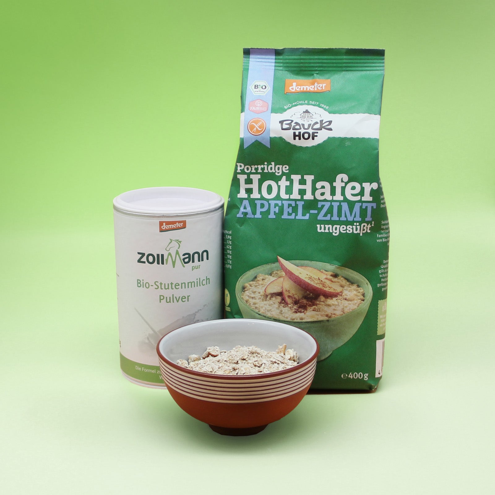 Bio-Stutenmilch Pulver und Porridge Apfel Zimt